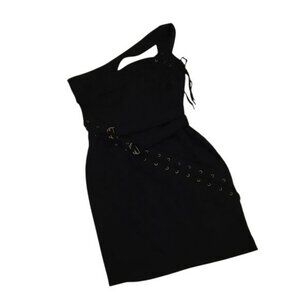 L.A.M.B Mini Bodycon Dress Lace Up Buckles One Shoulder Black Women's 2